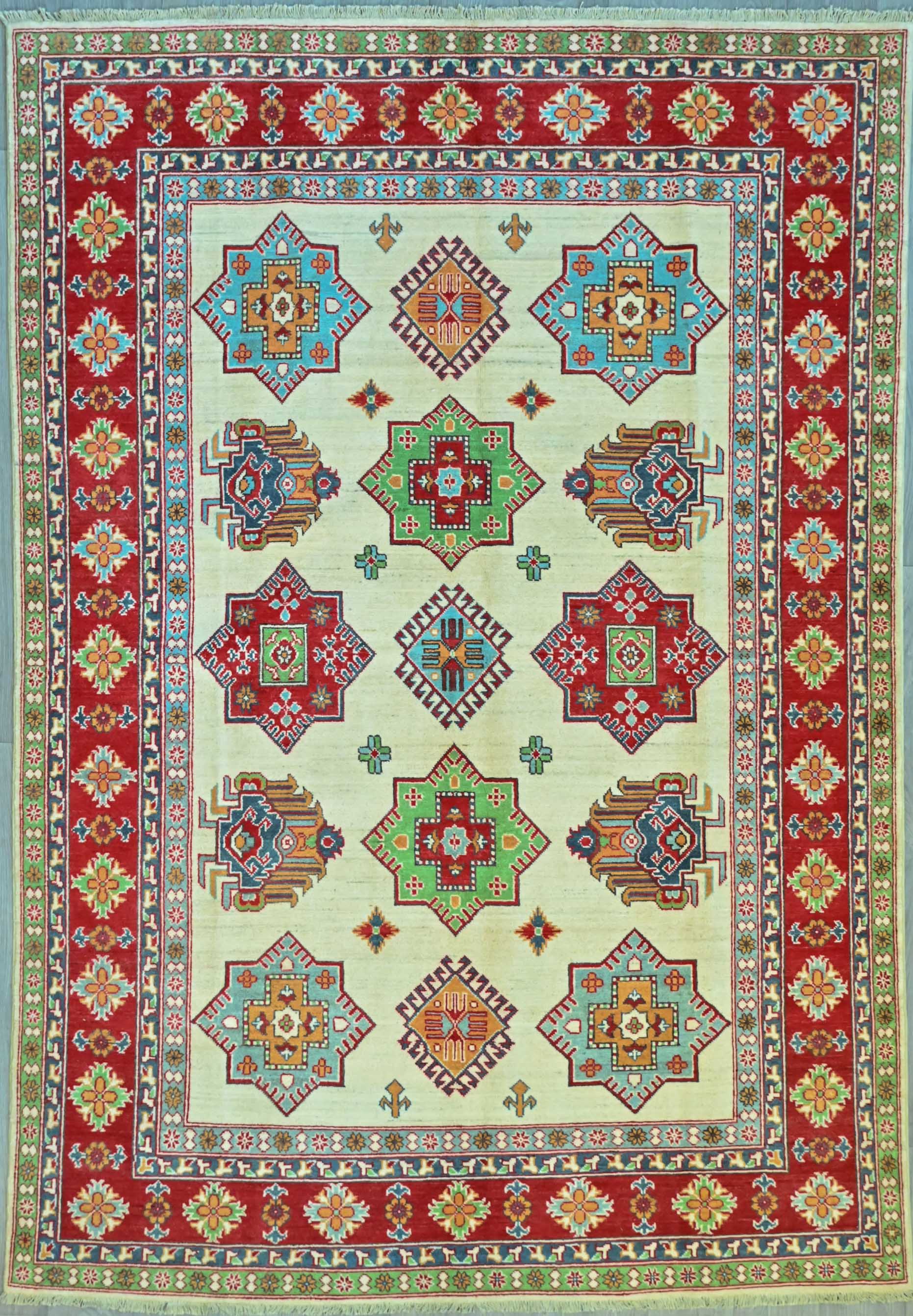 Handknotted Pure Wool Afghan Kazak Rug w/ Cream and Red Geometric Tones - (291H x 204W)