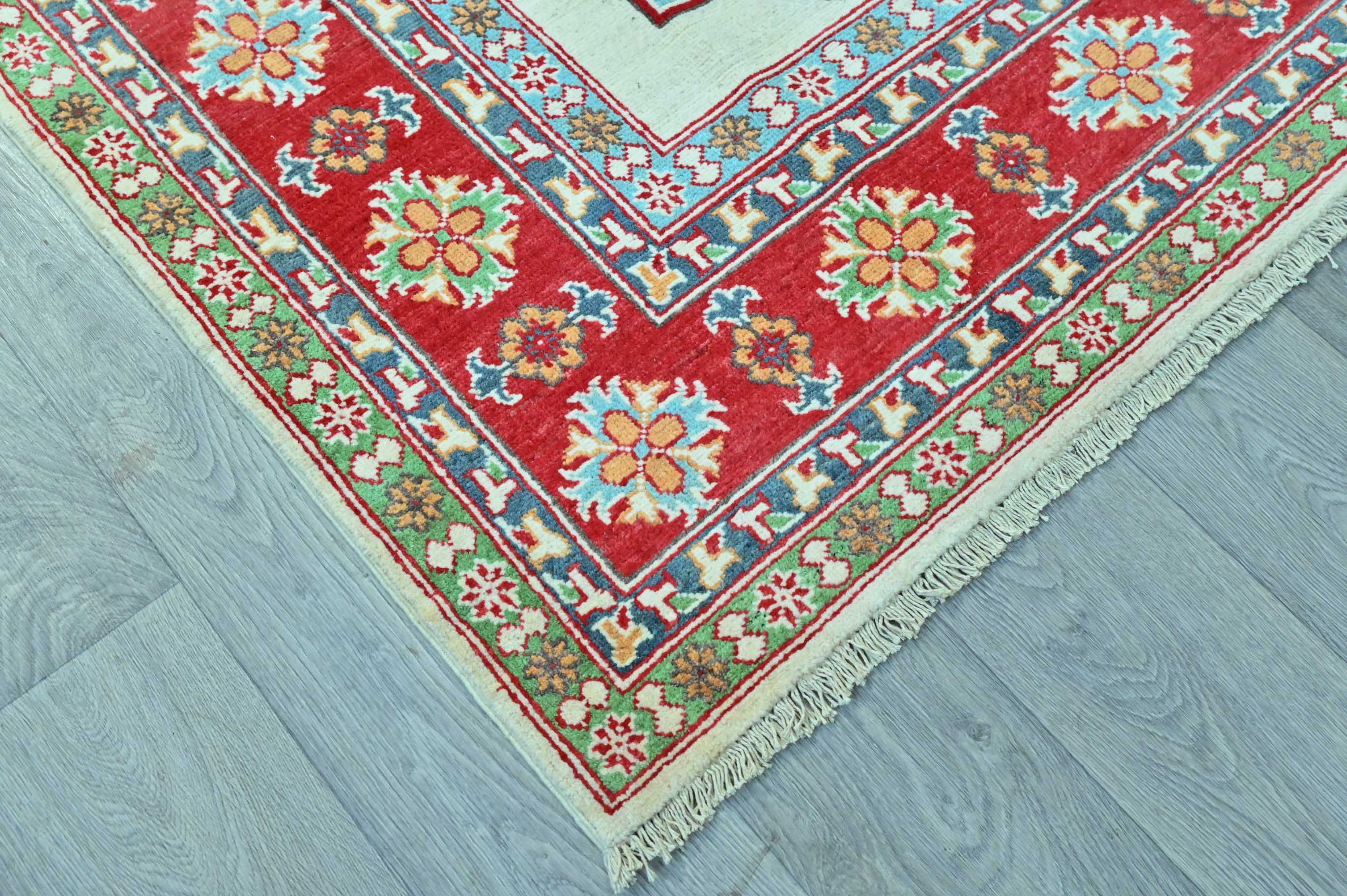 Handknotted Pure Wool Afghan Kazak Rug w/ Cream and Red Geometric Tones - (291H x 204W)