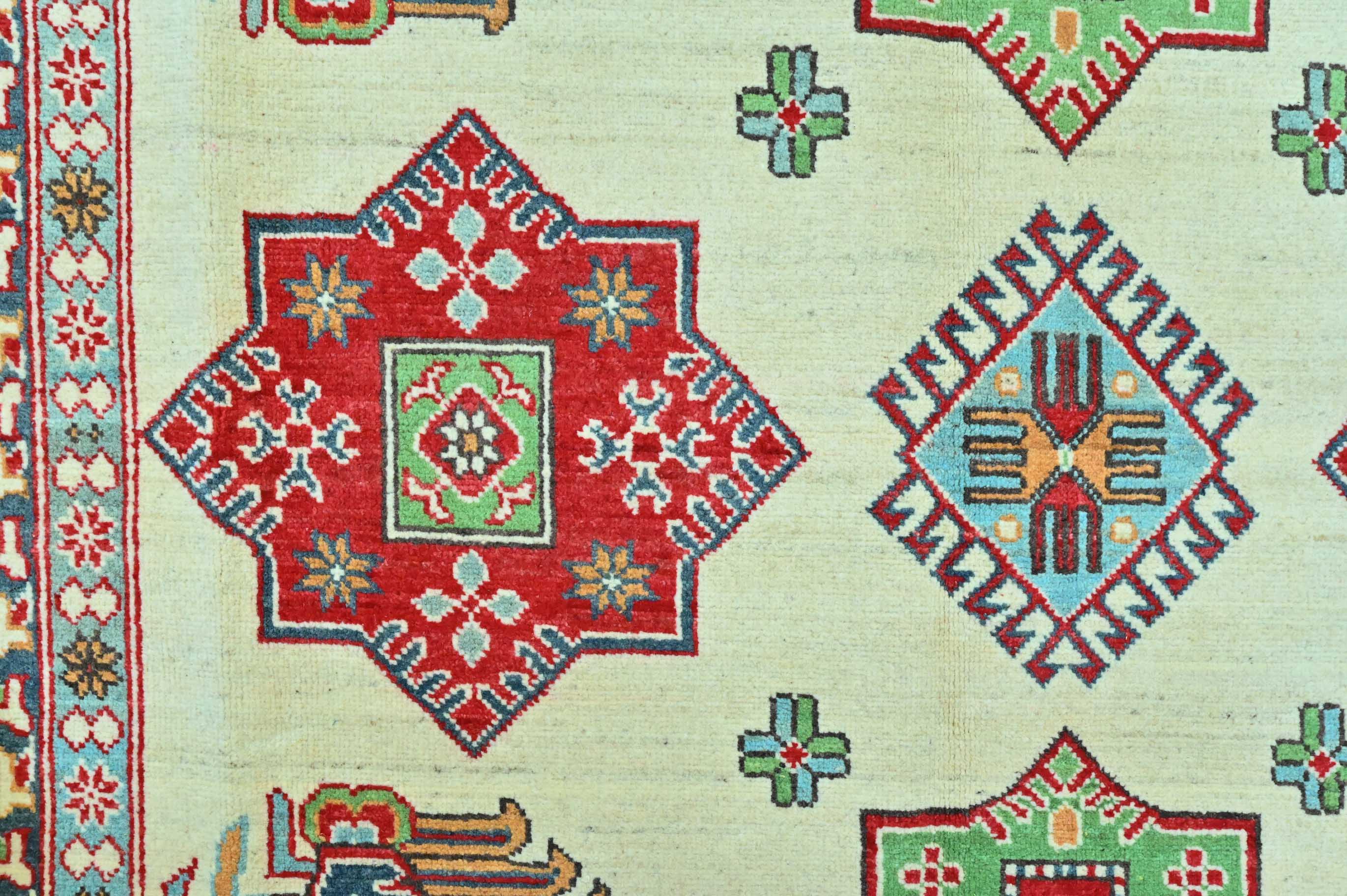 Handknotted Pure Wool Afghan Kazak Rug w/ Cream and Red Geometric Tones - (291H x 204W)