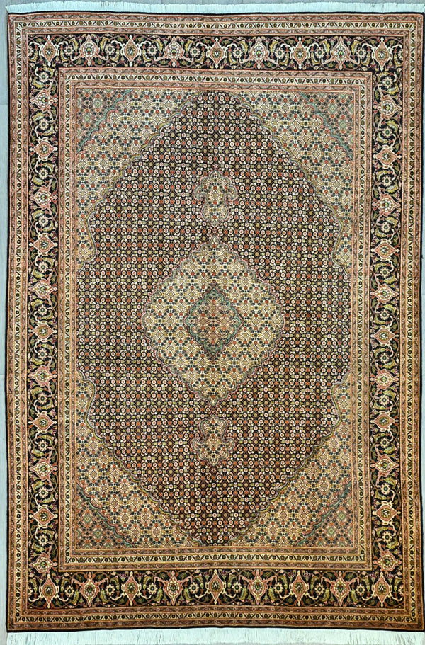 Very Finely Handwoven Silk and Lay Persian Tabriz Fish Design Rug w/ Black and Dusty Rose Tones