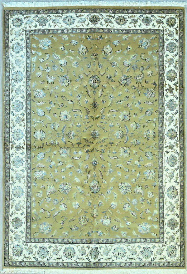 Very Finely Handknotted Silk and Wool Indian Jaipur Rug with Olive and Ivory Tones - (177H x 246W)