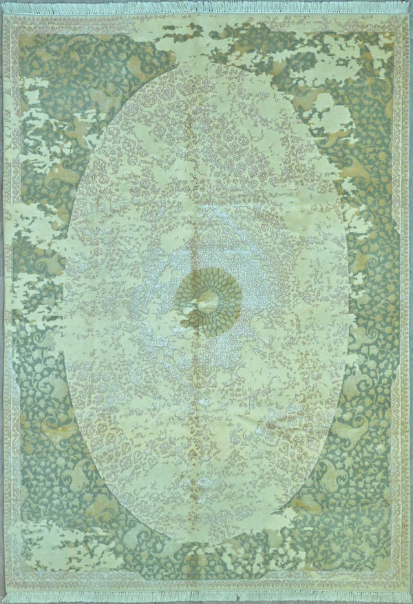 Handknotted Silk and Wool Contemporary Design Indian Jaipur Rug w/ Ivory and Mint Tones - (169H x 240W)