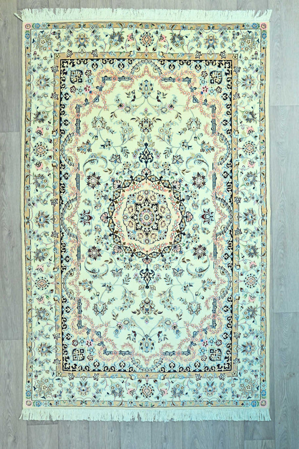 Handknotted Masterpiece Persian Nain 6LA Silk and Lay rug w/ Ivory and Salmon Tones  - (158H x 250W)