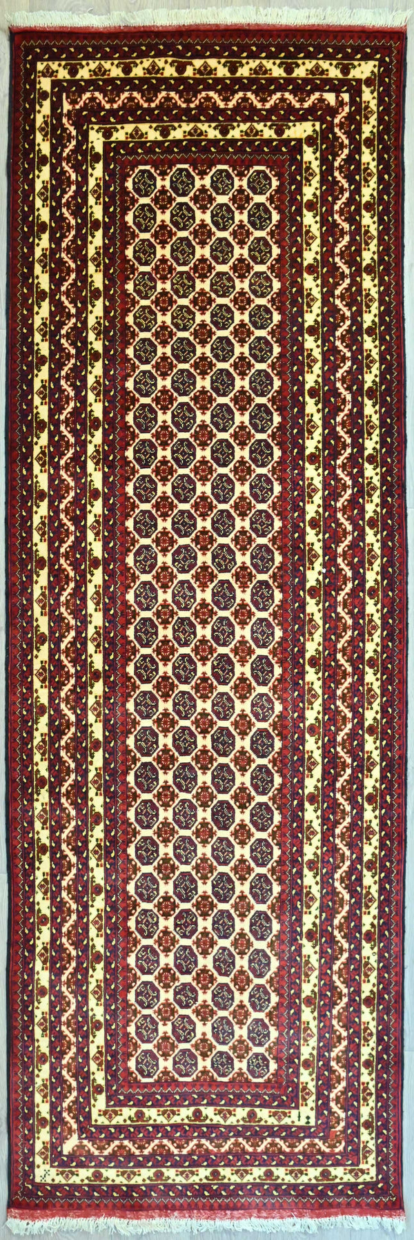 Finely Handwoven Pure Wool Afghan Mowri Gul Runner w/ Cream and Red Tones - (296H x 96W)