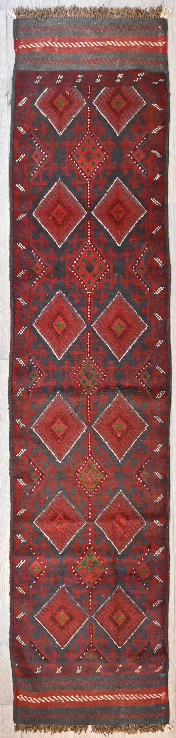 Handknotted Persian Baluchi Runner w/ Black and Deep Red Tones - (260H x 60W)