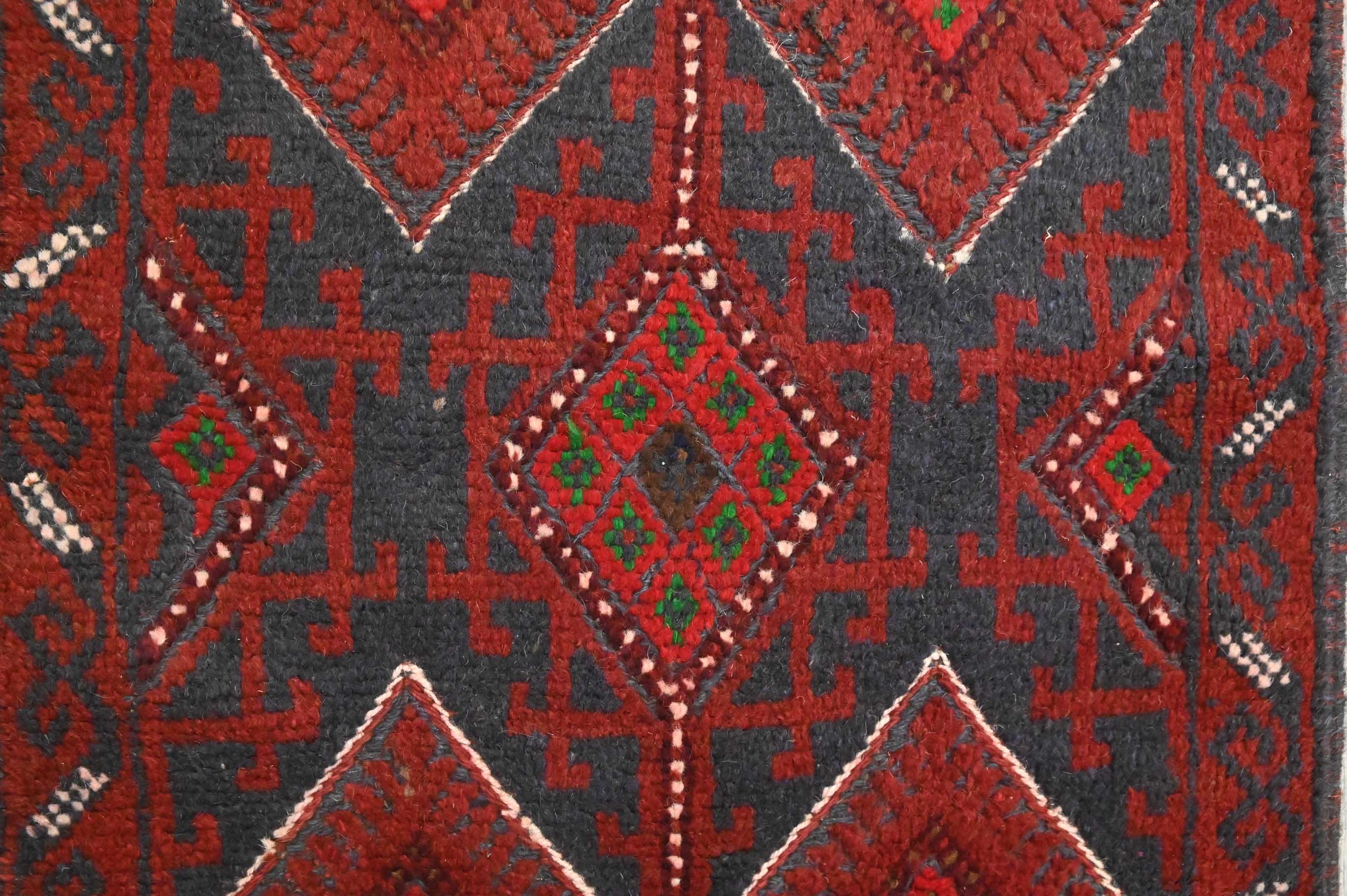 Handknotted Persian Baluchi Runner w/ Black and Deep Red Tones - (260H x 60W)