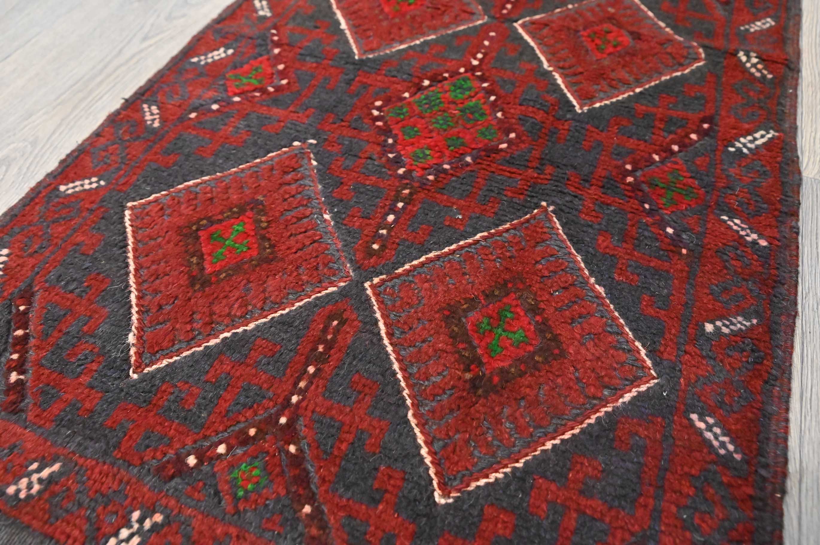 Handknotted Persian Baluchi Runner w/ Black and Deep Red Tones - (260H x 60W)