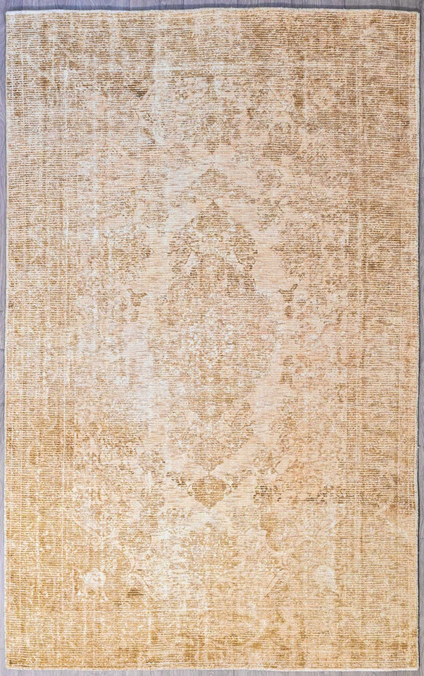 Hand Loom Knotted Modern Textured Viscose Silk Woolen Rug w/Cream Tones All Over Vintage Design - 155H x 245W