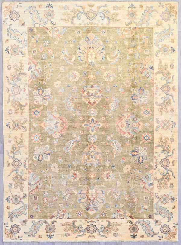 Handknotted Pure Wool Vegetable Afghan Chobi Rug w/ Cream and Olive-Brown Tones - 294H x 207W