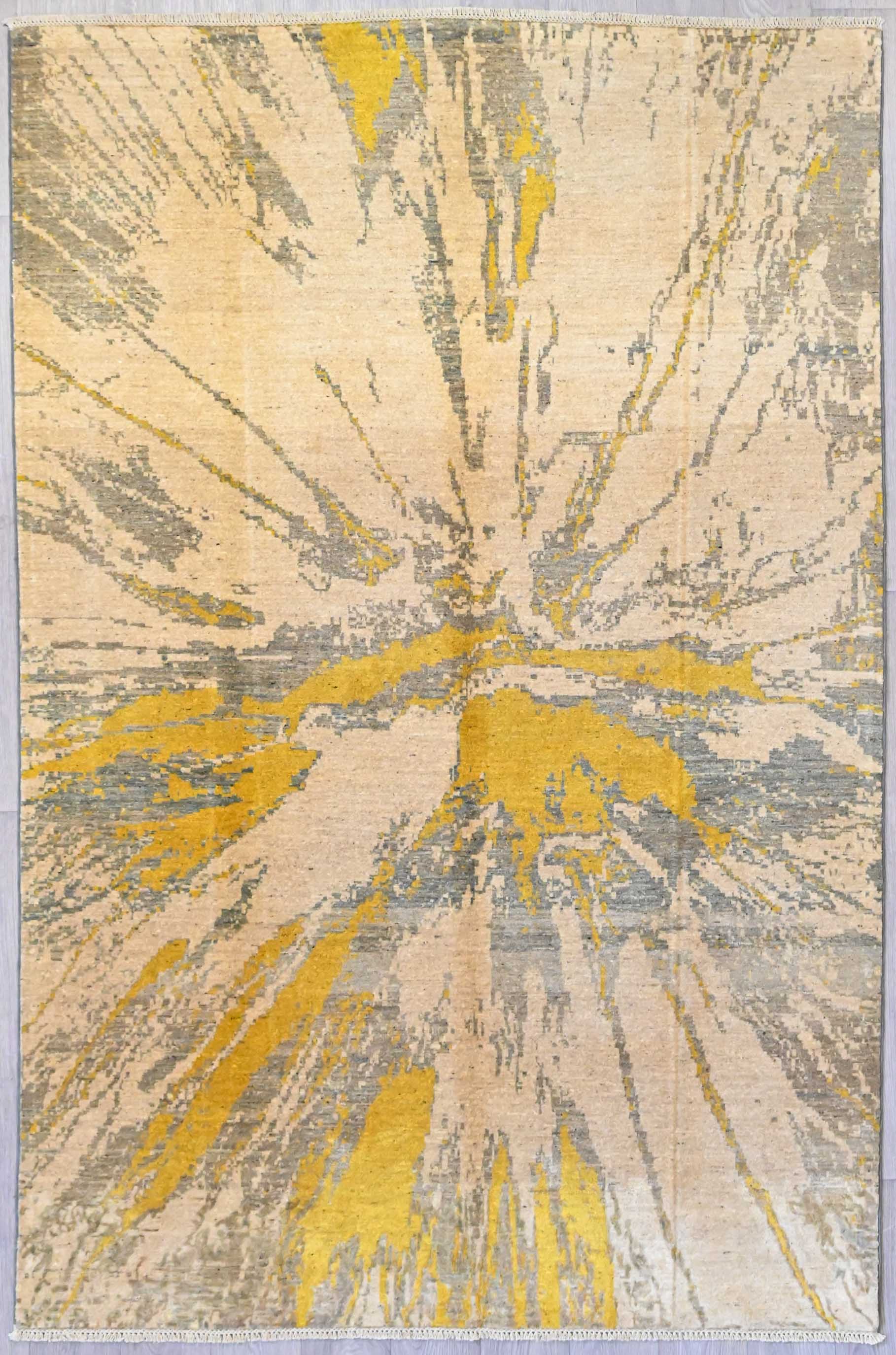 Handknotted Pure Wool Modern Design Chobi Rug w/ Biege and Mustard Tones- 291H x 194W 3338