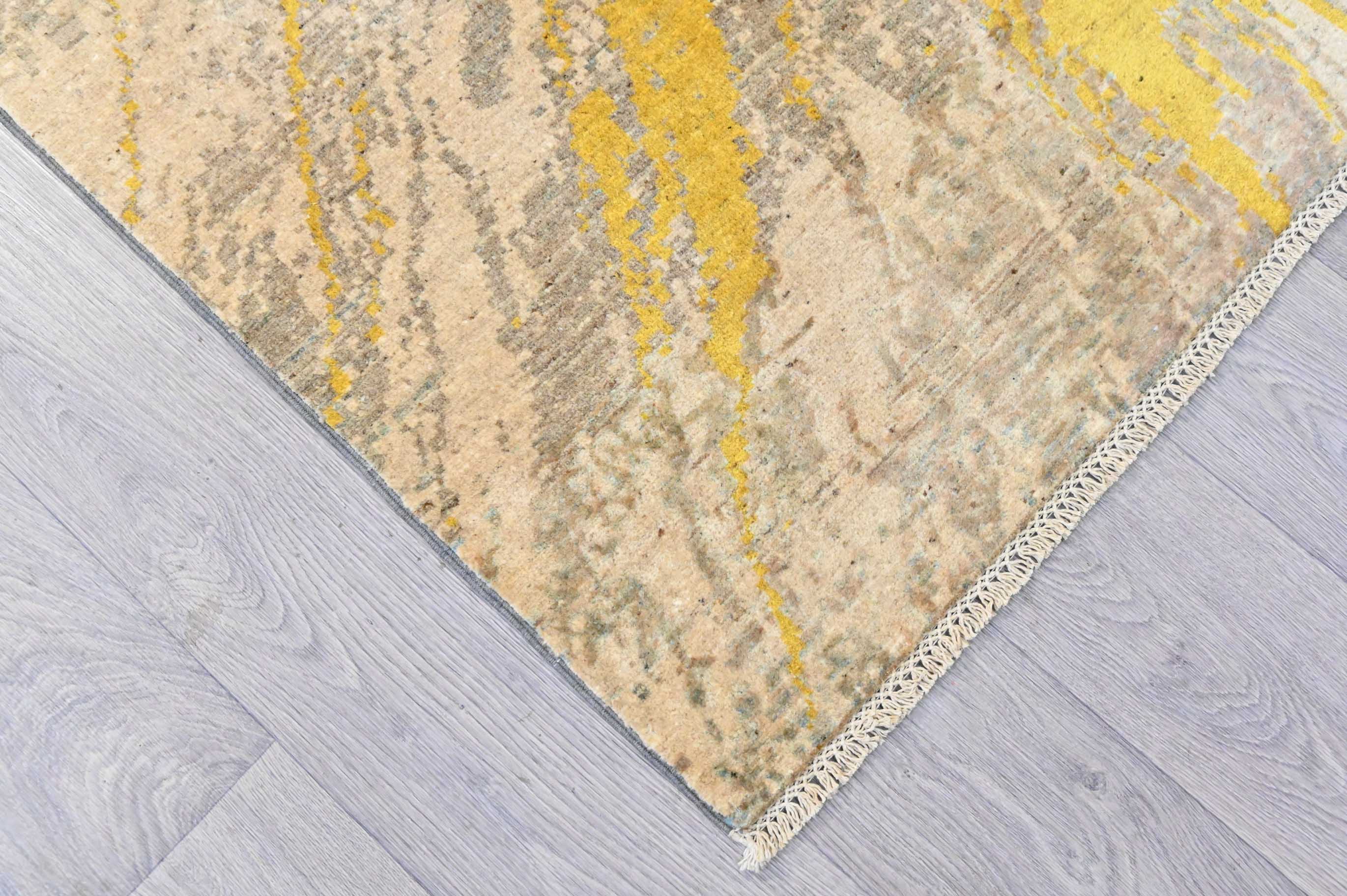 Handknotted Pure Wool Modern Design Chobi Rug w/ Biege and Mustard Tones- 291H x 194W 3338