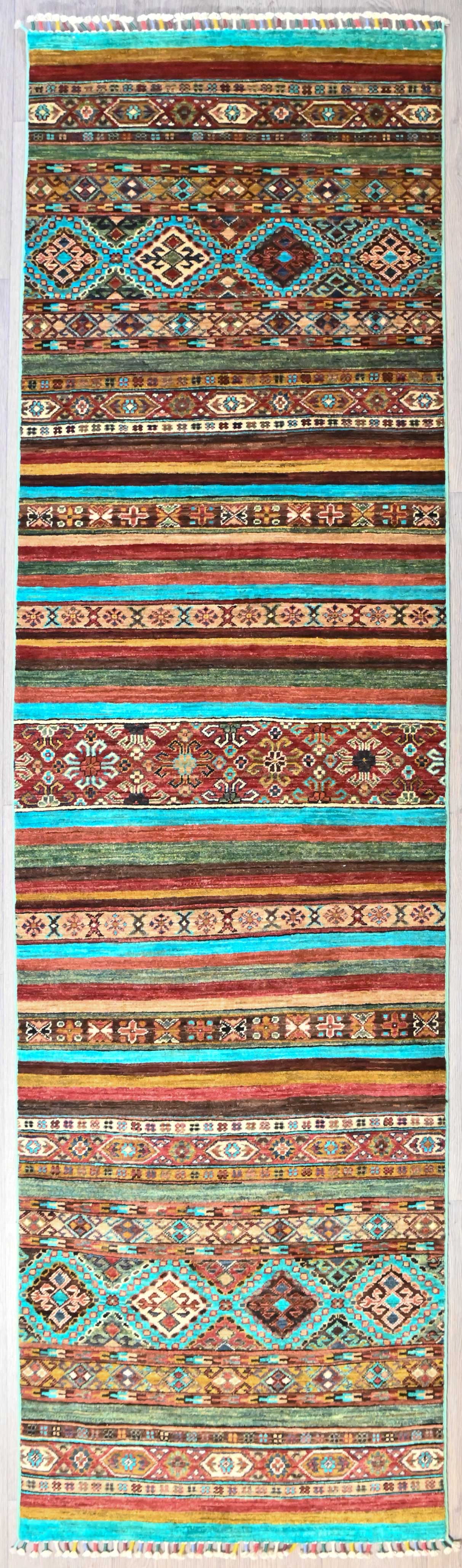 Handknotted Wool Fine Khurjin Veg Dye Chobi Runner w/ Turquiose Stripi Tones - 300H x 80W