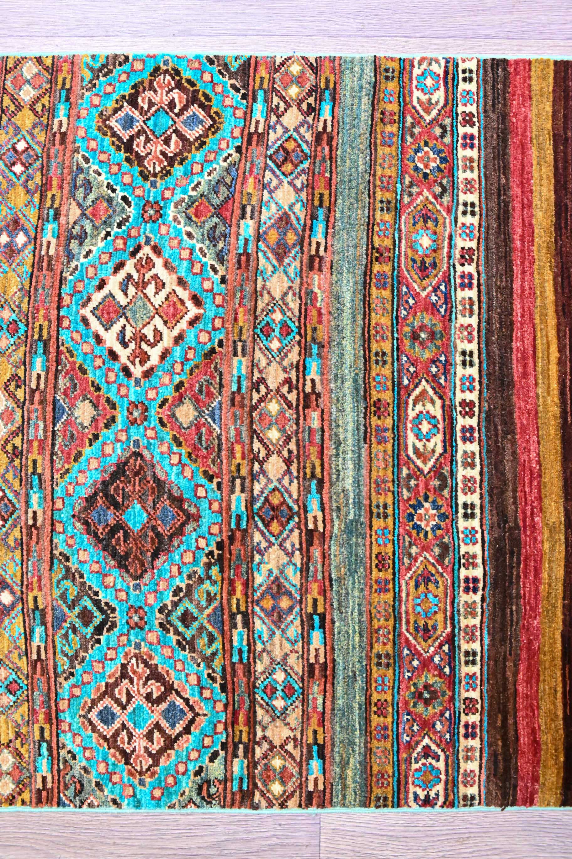 Handknotted Wool Fine Khurjin Veg Dye Chobi Runner w/ Turquiose Stripi Tones - 300H x 80W