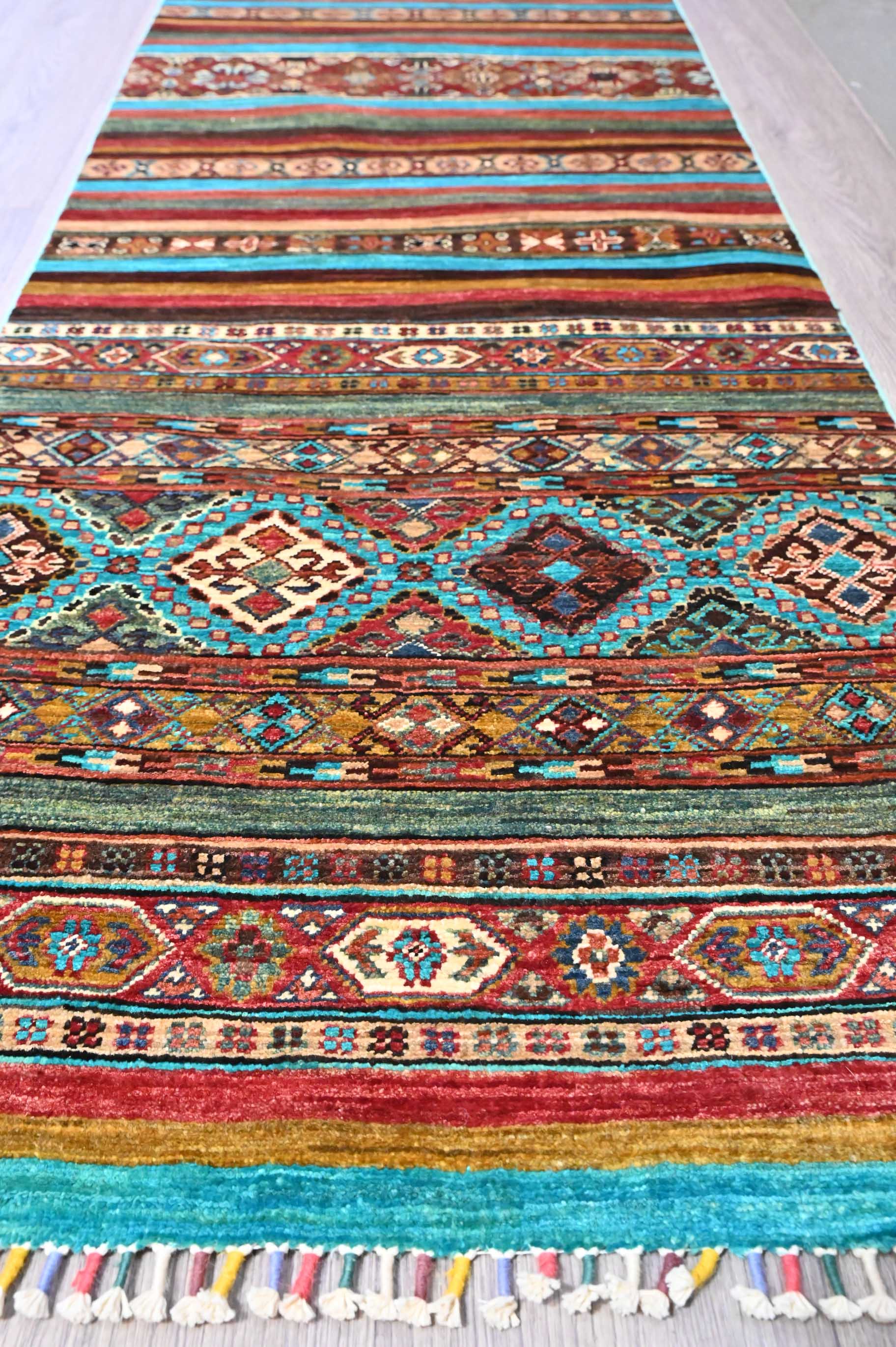 Handknotted Wool Fine Khurjin Veg Dye Chobi Runner w/ Turquiose Stripi Tones - 300H x 80W