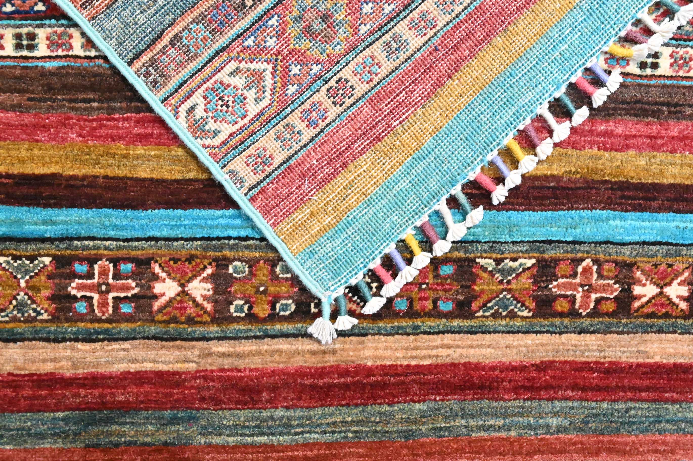 Handknotted Wool Fine Khurjin Veg Dye Chobi Runner w/ Turquiose Stripi Tones - 300H x 80W