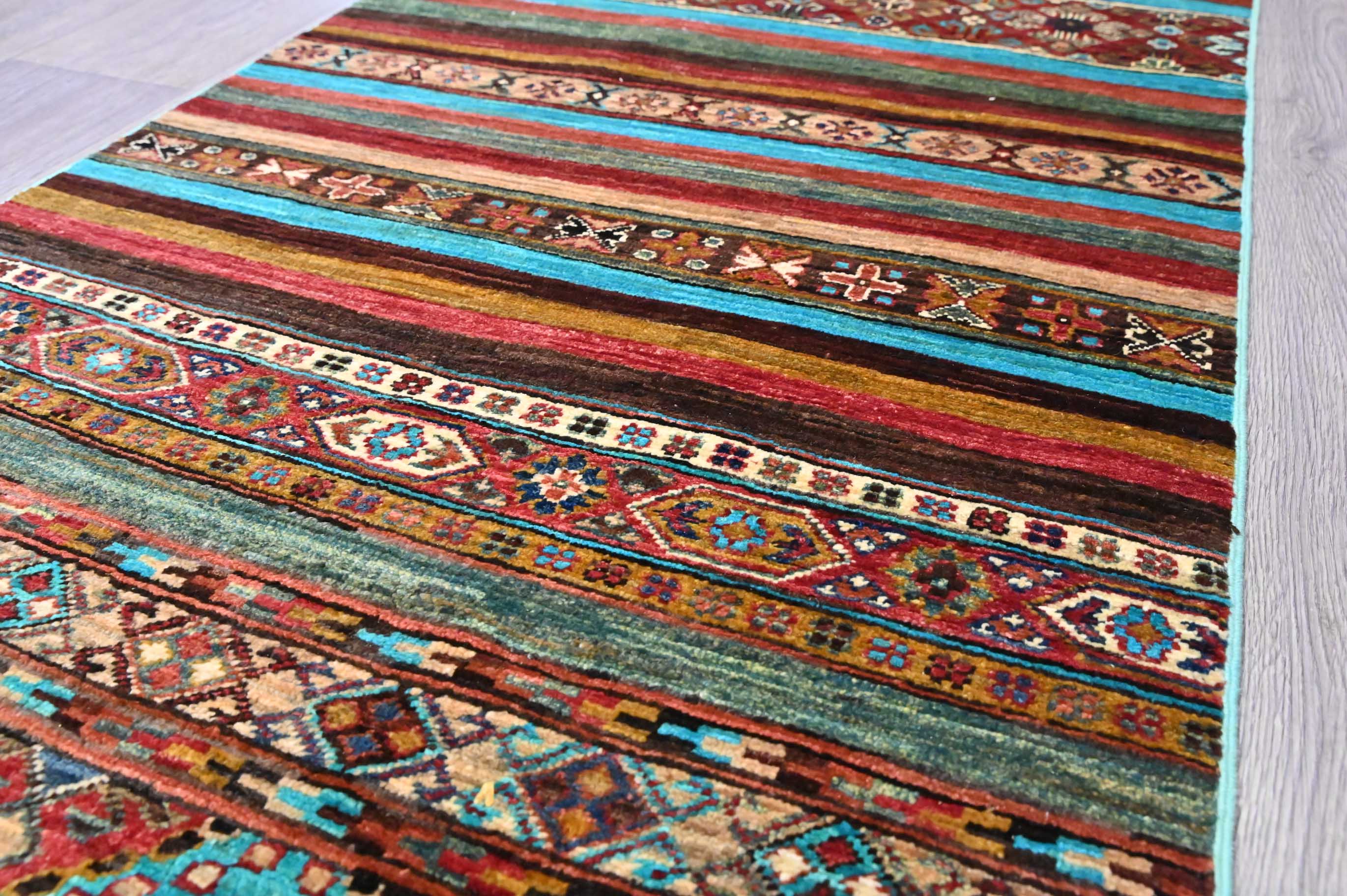 Handknotted Wool Fine Khurjin Veg Dye Chobi Runner w/ Turquiose Stripi Tones - 300H x 80W