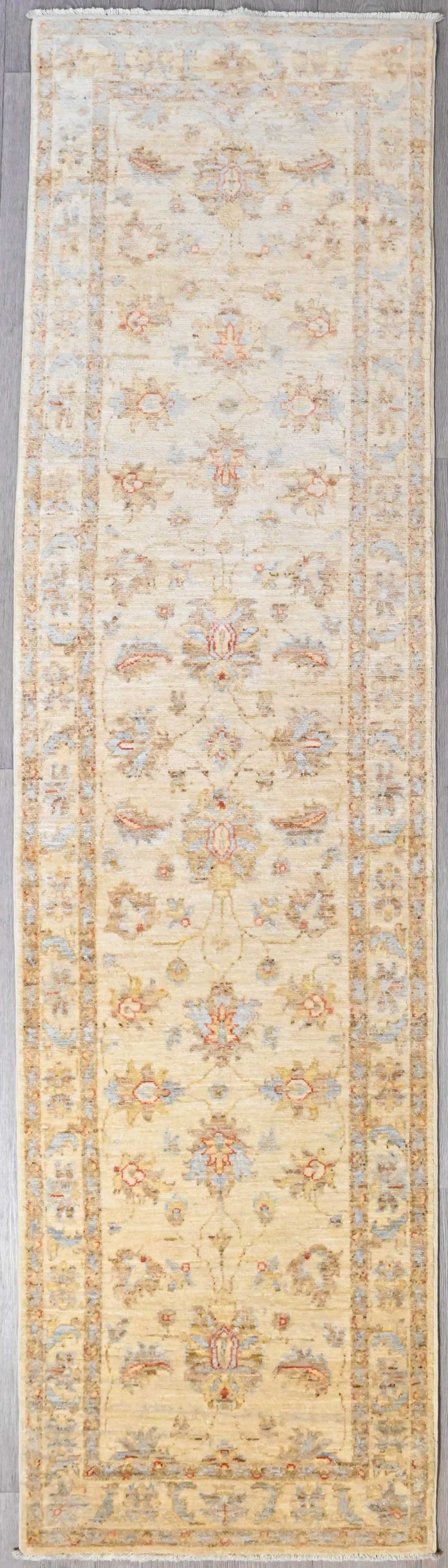 Handknotted Fine NZ Wool Veg Dye Afghan Chobi Runner w/ Floral Cream Ivory Tones - 288H x 78W