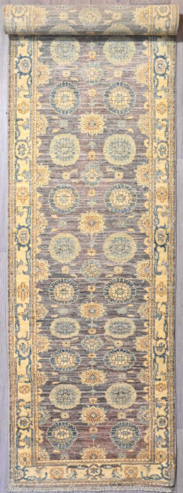 Handknotted Pure Wool Veg Dye Chobi Runner w/ Cream and Pale Aubergine Tones - 355H x 84W