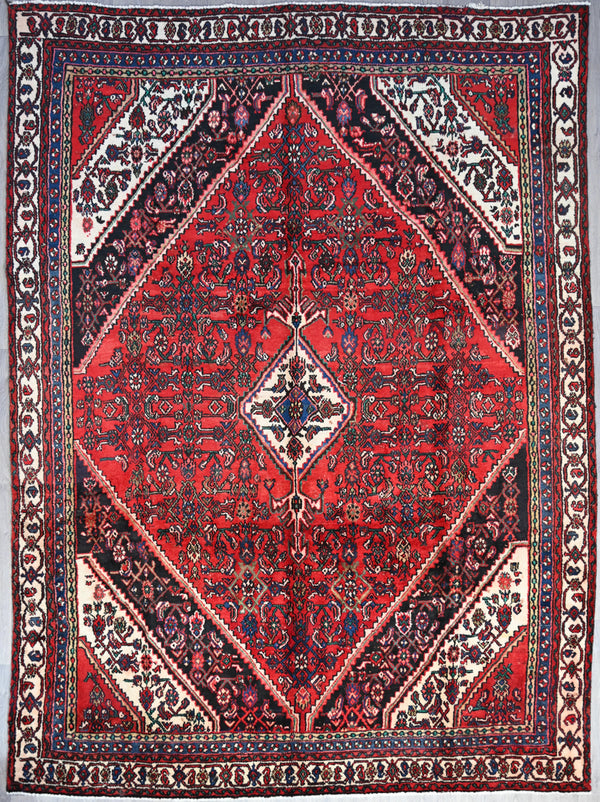 Hand-knotted Pure Wool Persian Hamadan Rug  w/ Red tones- (330H x 248W)