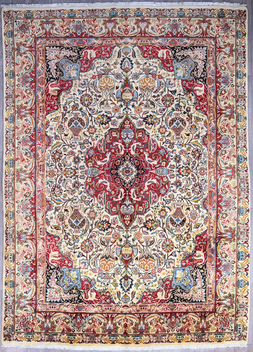 Finely Handknotted Persian Kashmar Rug w/ Cream and Multicolour Tones -  (333H x 240W)