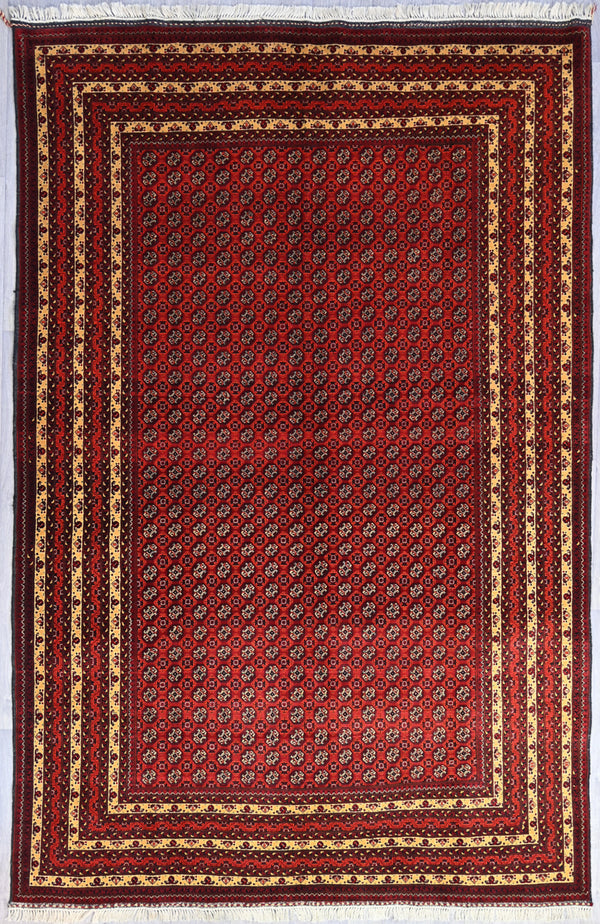 Hand-knotted Pure Wool Afghan Khorja Roshnai Rug w/ Red and Gold Tones