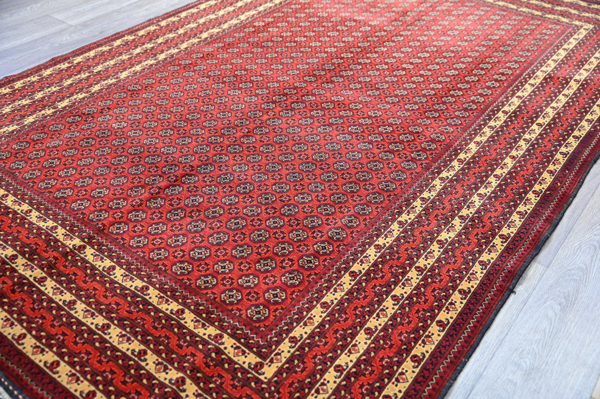 Hand-knotted Pure Wool Afghan Khorja Roshnai Rug w/ Red and Gold Tones size 300cm x 200cm