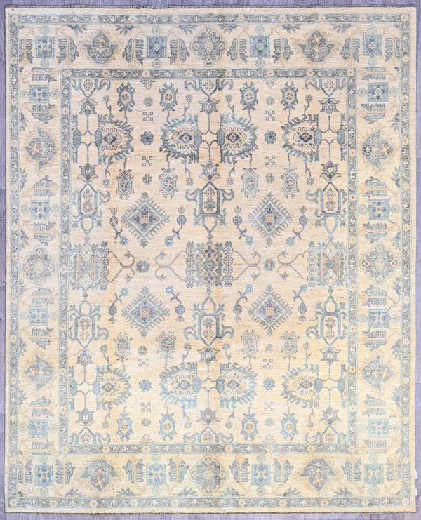 Finely Handknotted Afghan Veg Dye Chobi Rug w/ Beige and Steel Blue Tones -  (301H x 248W)