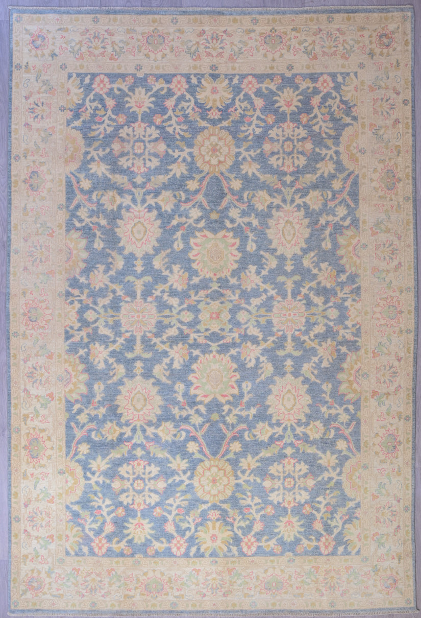 Handknotted Pure Wool Veg Dye Chobi Rug w/ Sky blue tones-  (299H x 204W)