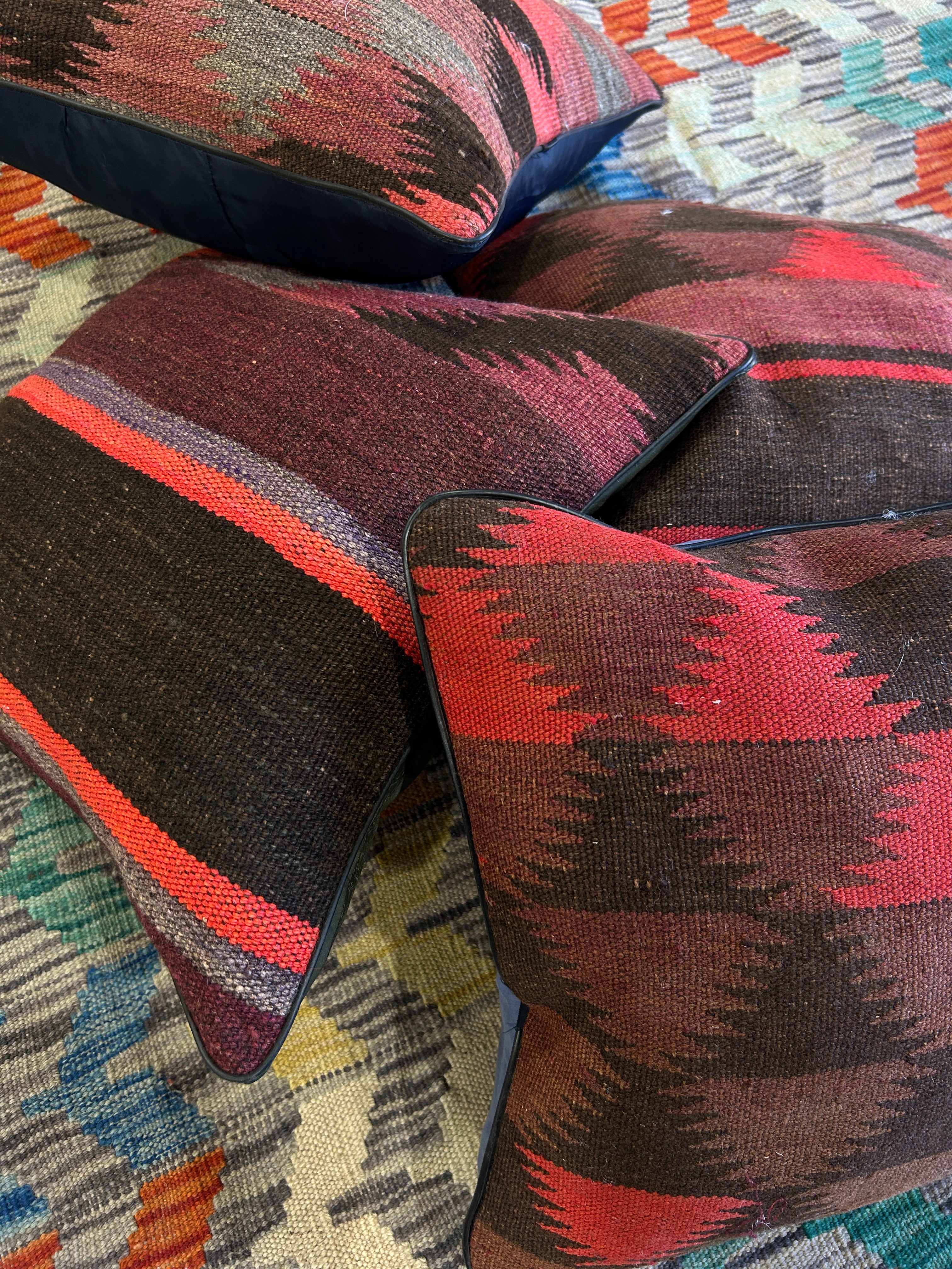 Muted Red Vintage Persian Tribal Kilim Cushions - 4 Filled Pieces