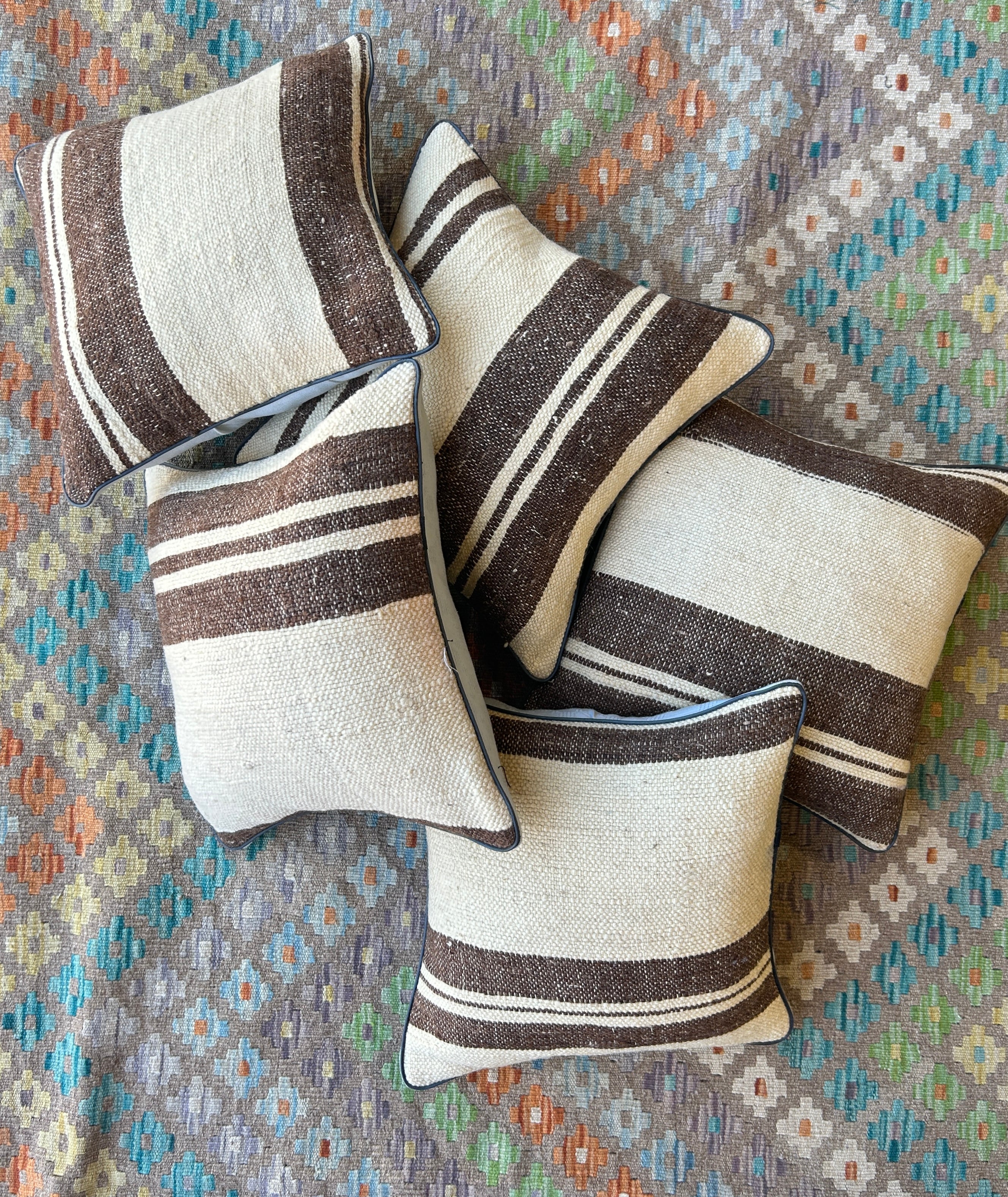 Cream and Brown Persian Kilim Cushions - 5 Filled Pieces