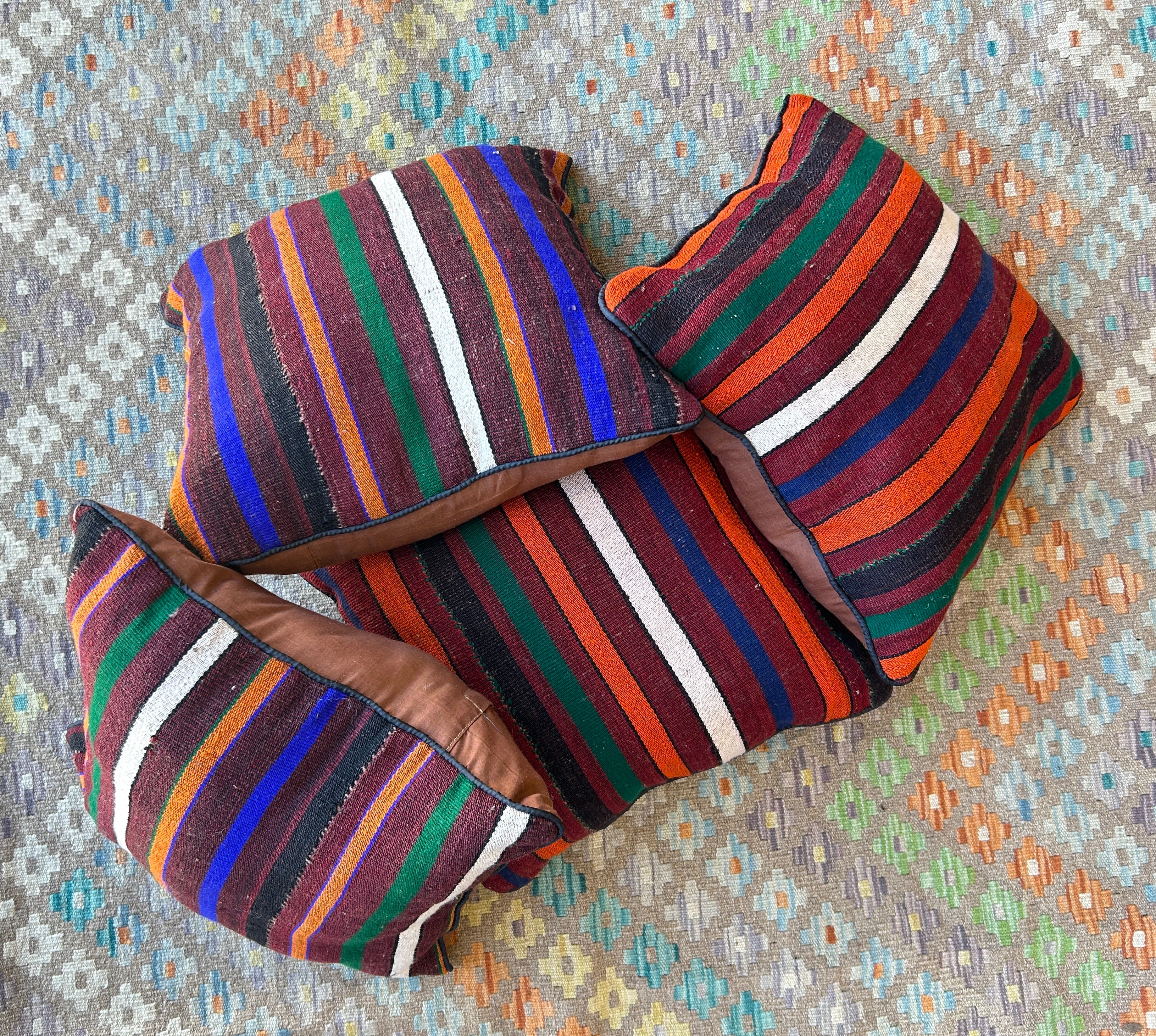 Dark Striped Persian Wool Kilim Cushions - 4 Pieces