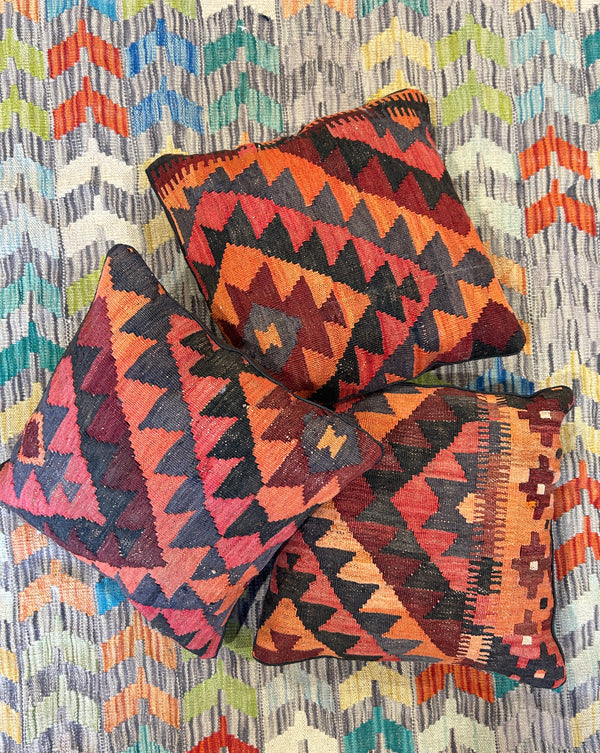 Muted Red and Orange Vintage Persian Tribal Kilim Cushions - 3 Filled Pieces