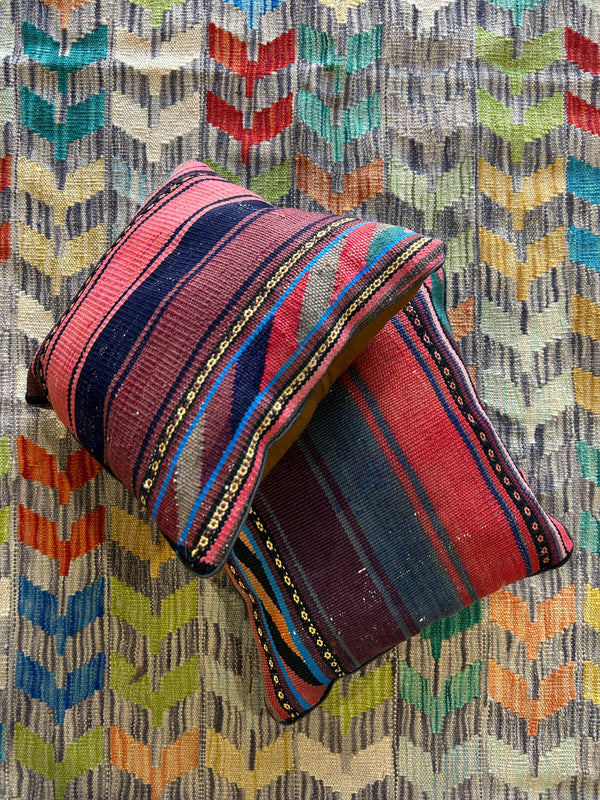 Muted Red Vintage Persian Tribal Kilim Cushions - 2 Filled Pieces