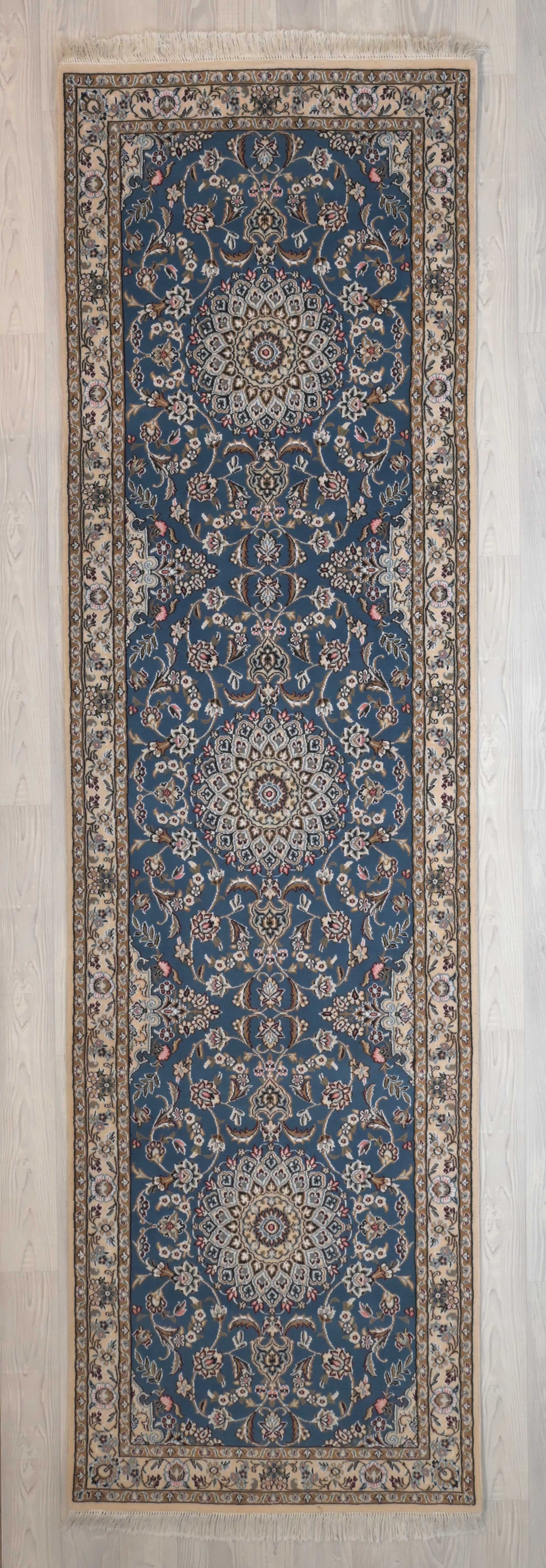 Blue Persian Nain Silk n Wool  Runner 306cm x 88cm