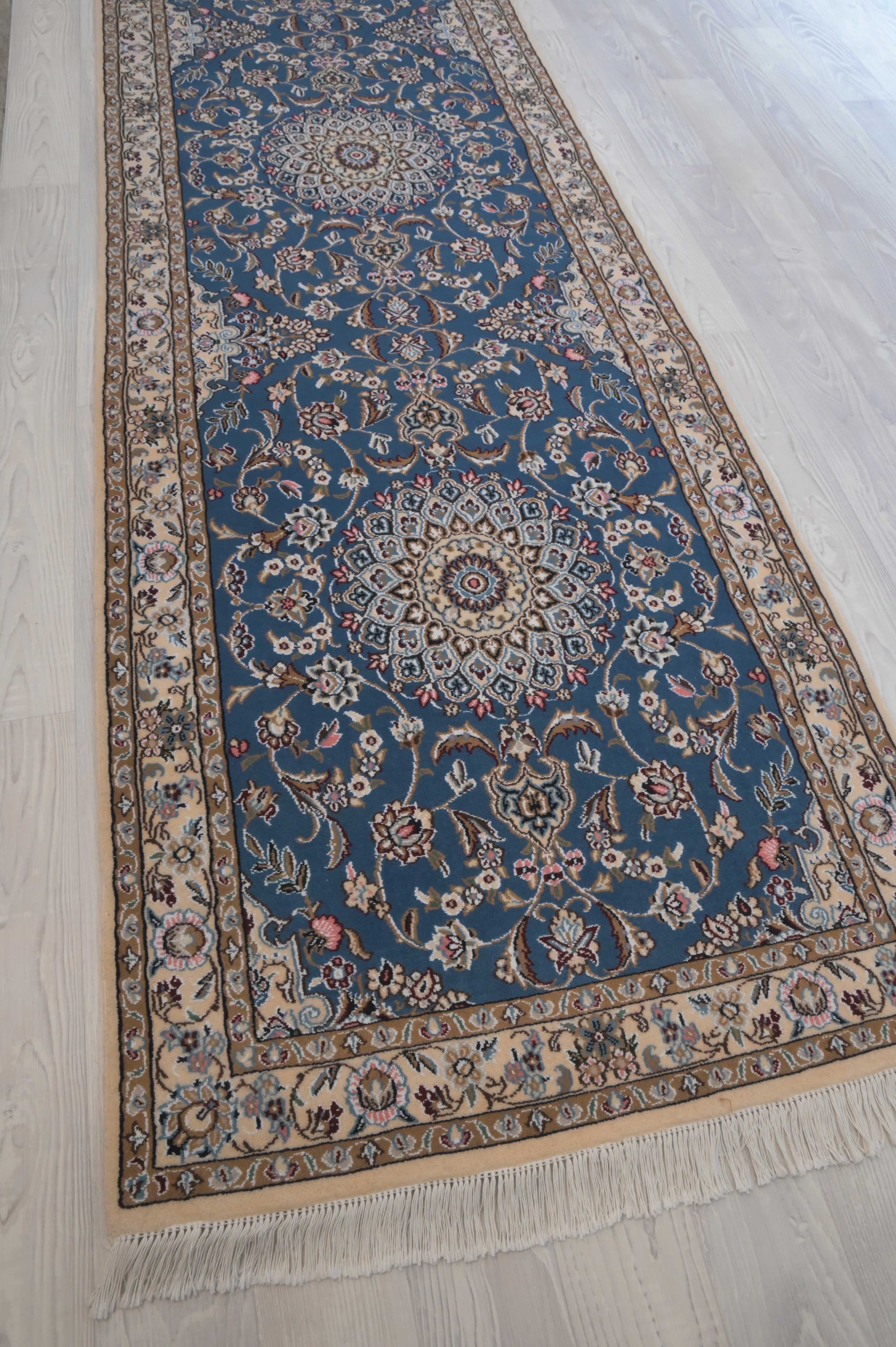 Blue Persian Nain Silk n Wool  Runner 306cm x 88cm