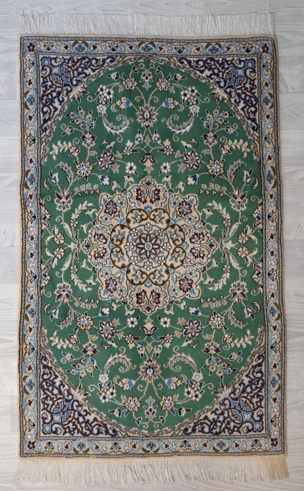 Green Persian Nain Silk n Wool Rug138cm x 85cm