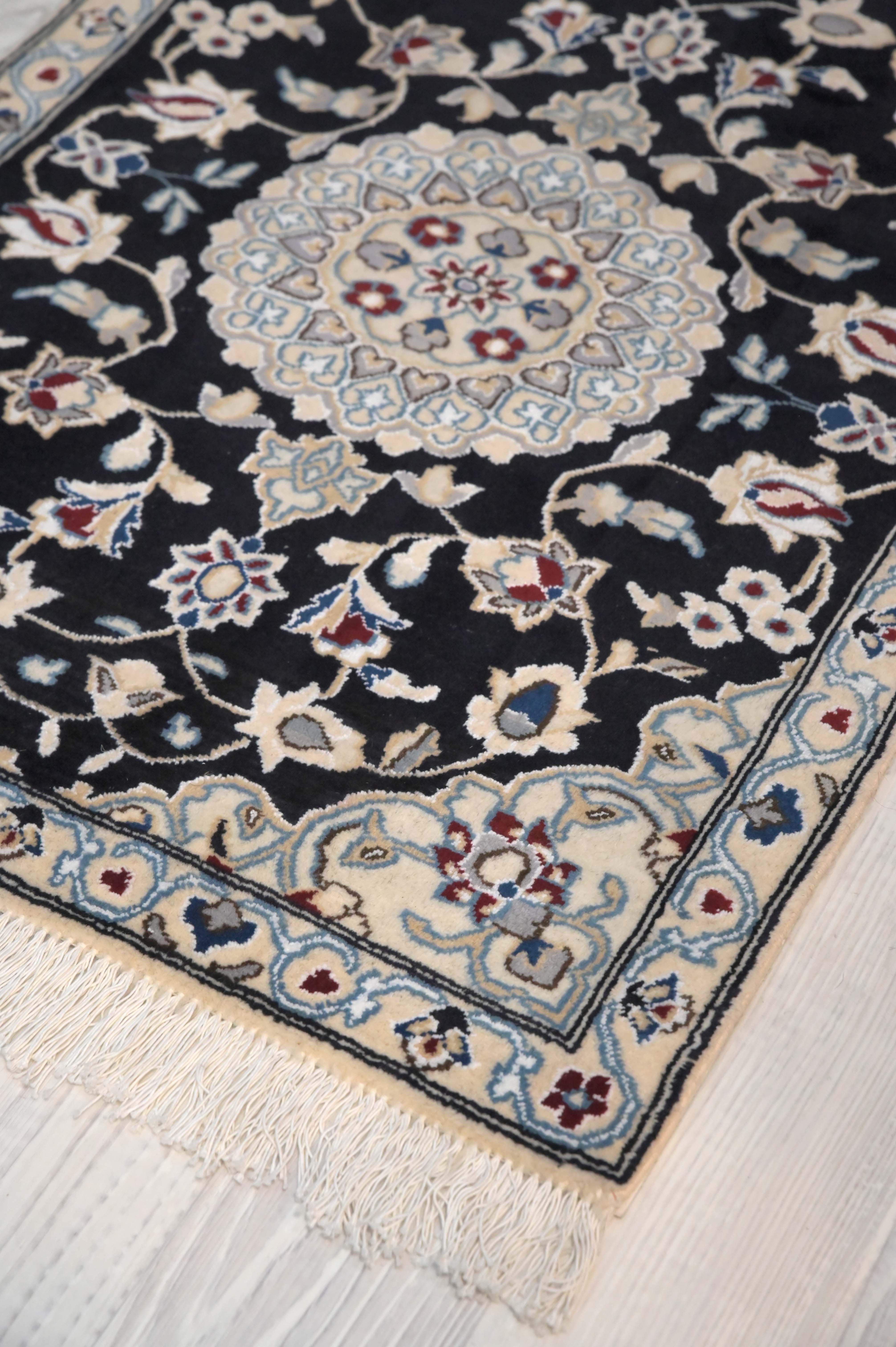 Navy Persian Nain Silk n Wool Rug 138cm x 85cm