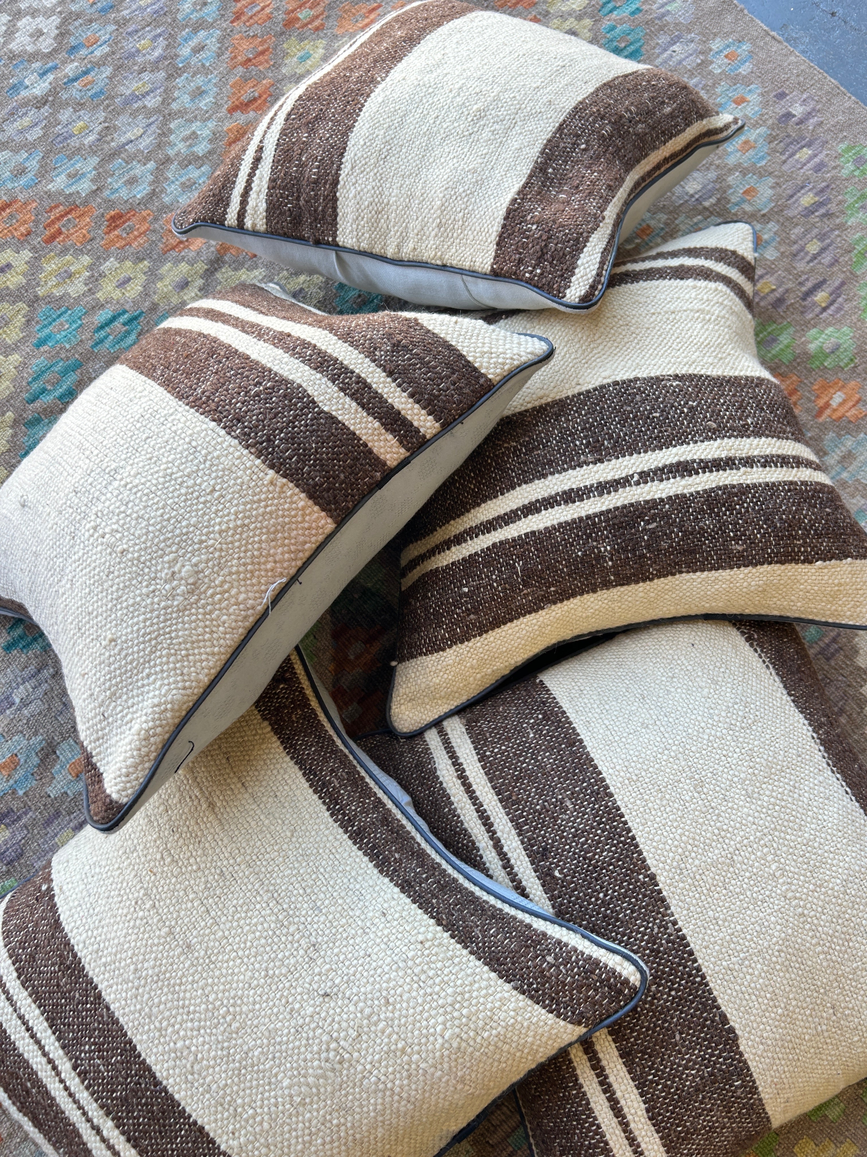 Cream and Brown Persian Kilim Cushions - 5 Filled Pieces