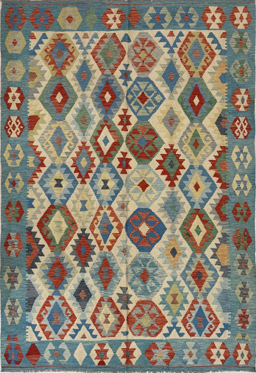 Aqua Blue Boho Afghan Wool Kilim 311cm x 211cm