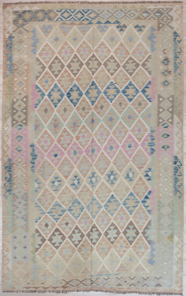 Authentic Hand woven Muted Afghan Boho Wool Kilim 317cm x 207cm
A large rare pale rug with muted field tones all over
Lovely soft contemporary colours.

Easy Care, these rugs improve with age.
Durable and Wear Resistant Suitable for High Traffic Areas