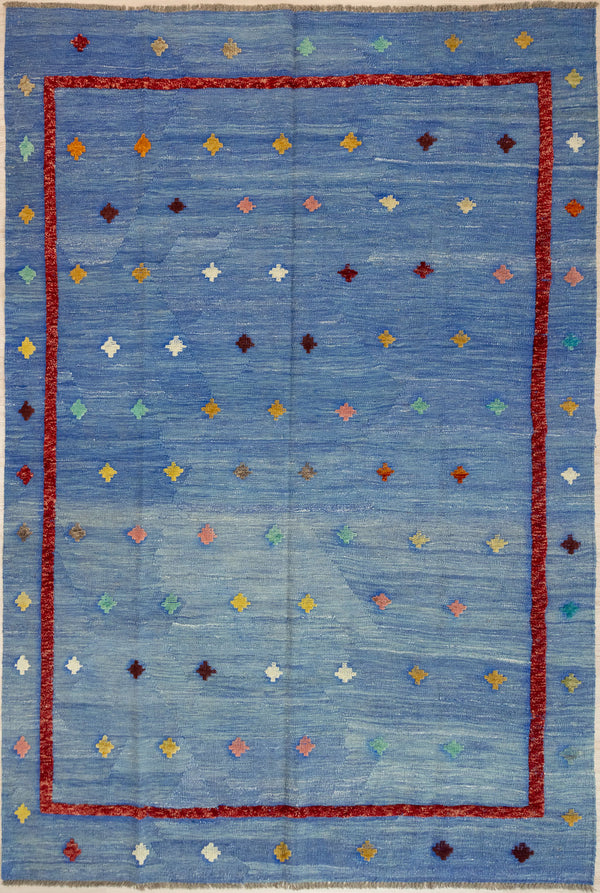 Azure Blue Barjasta Afghan Wool Kilim 291cm x 204cm
Guaranteed Original Afghan Kilim Pure Wool with textured wool pile diamonds of different colours and a magenta border on an azure blue abrash background.
Abrash effect is formed by deliberately spinning together different dye batches
Durable and Wear Resistant Suitable for High Traffic Areas