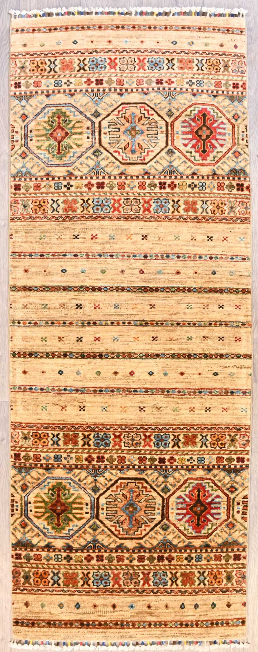 Beige Afghan Khurjin Chobi Wool Runner 201cm x 75cm. ackground field colour a beautiful light beige tone, ancient motifs handwoven with a hint of green throughout