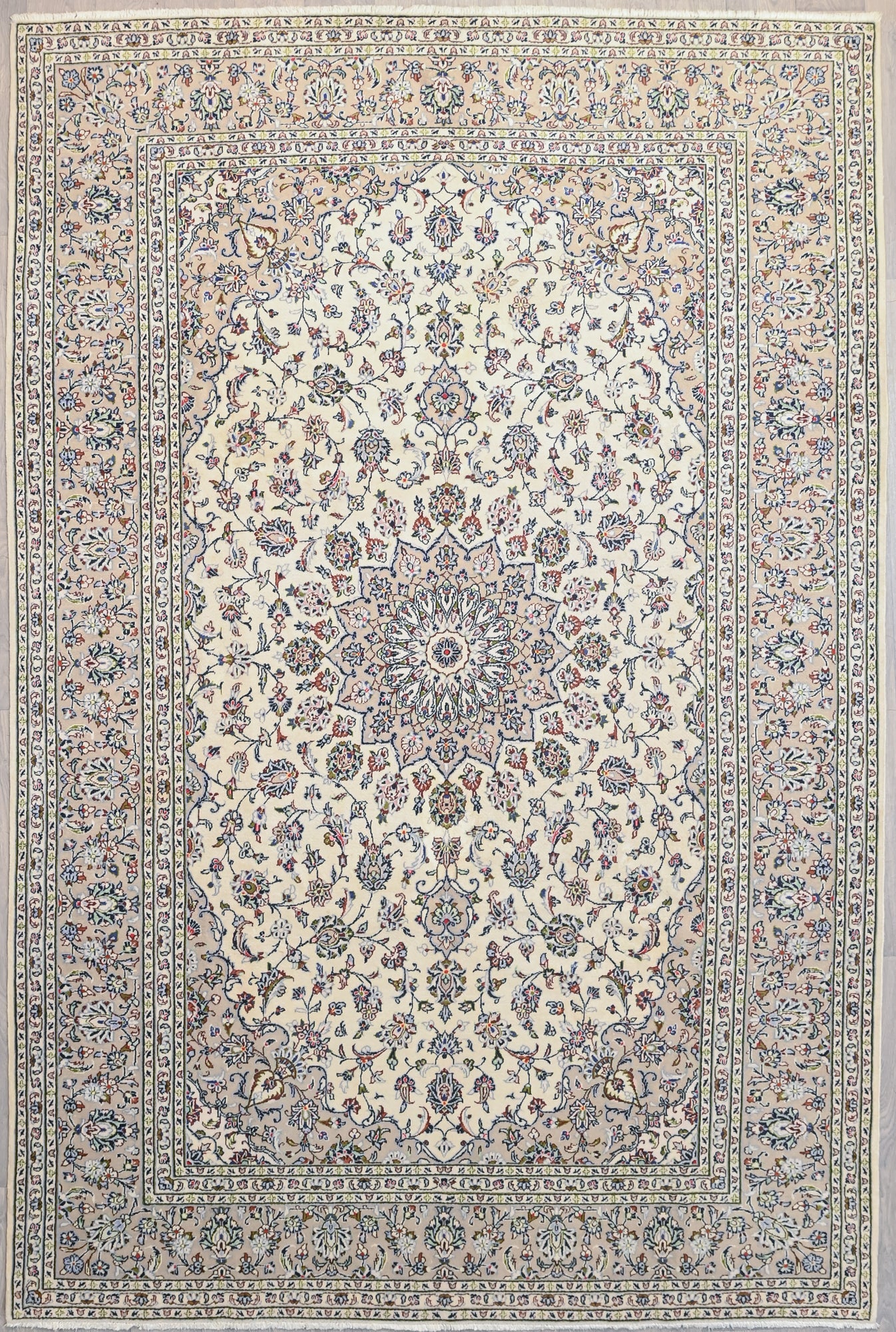 Authentic Handknotted Beige Cream Persian Kashan Wool Rug 367cm x 251cm
olive green, shades of blue on white beige woollen field