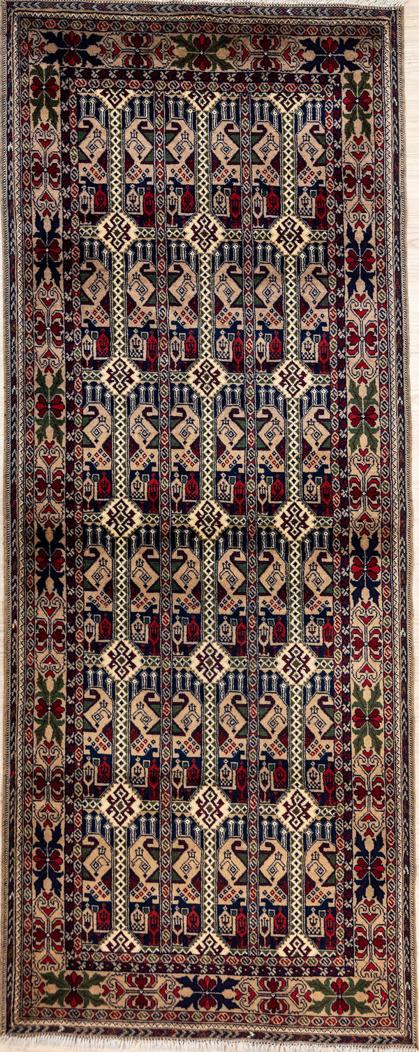 Authentic Handknotted Beige Pictorial Afghan Kundus Wool Runner 210cm x 82cm woven in Kundus, Northern Afghanistan
Unique Bashiri or Beshiri design all over with Boteh and other cultural pictorial symbols celebrates the fine artistry of the Kundus region.&nbsp;
Having a light and darker aspect is a trademark of Handmade Rugs