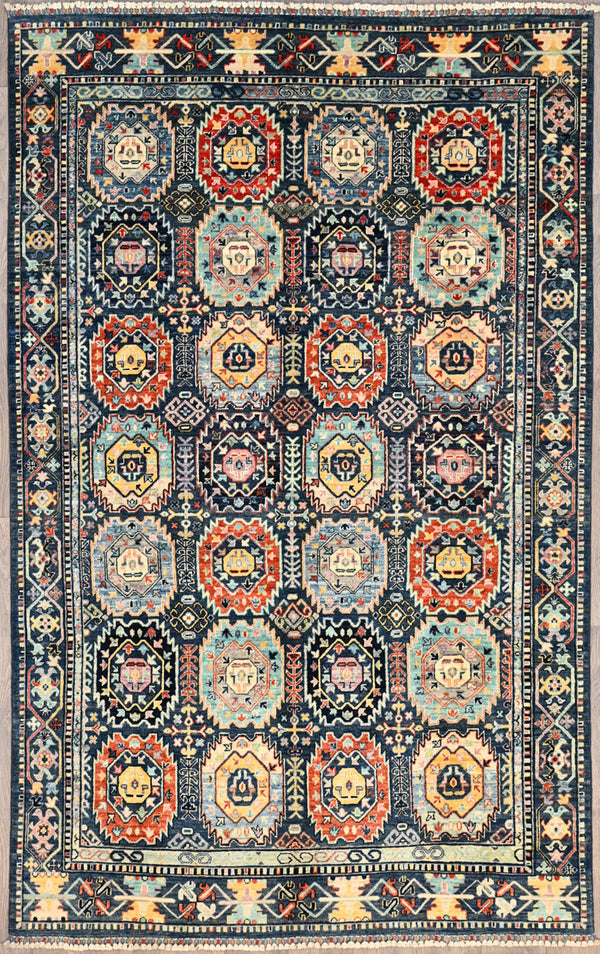Authentic Handknotted Blue Afghan Chobi Wool Rug 284cm x 180cm&nbsp; woven in Central Asia
Modern adapted design and colours

Having a light and darker aspect is a trademark of Handmade Rugs
Durable and Wear Resistant Suitable for High Traffic Areas