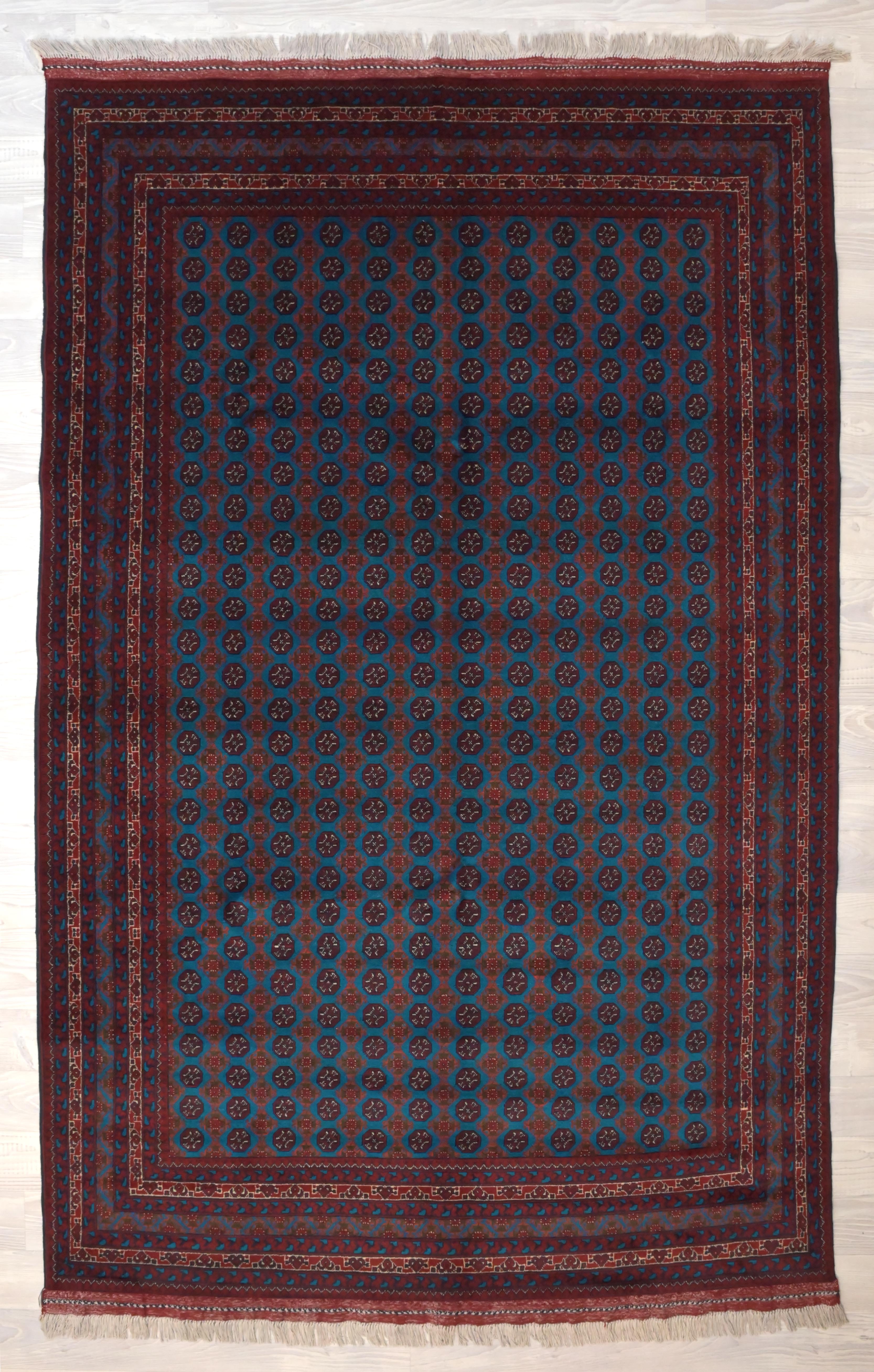 Authentic Handknotted Blue Afghan Khoja Roshnai Wool Rug 244cm x 155cm
Very rare deep blue tone derived from indigo plant, decorated with small Gul Motifs all over