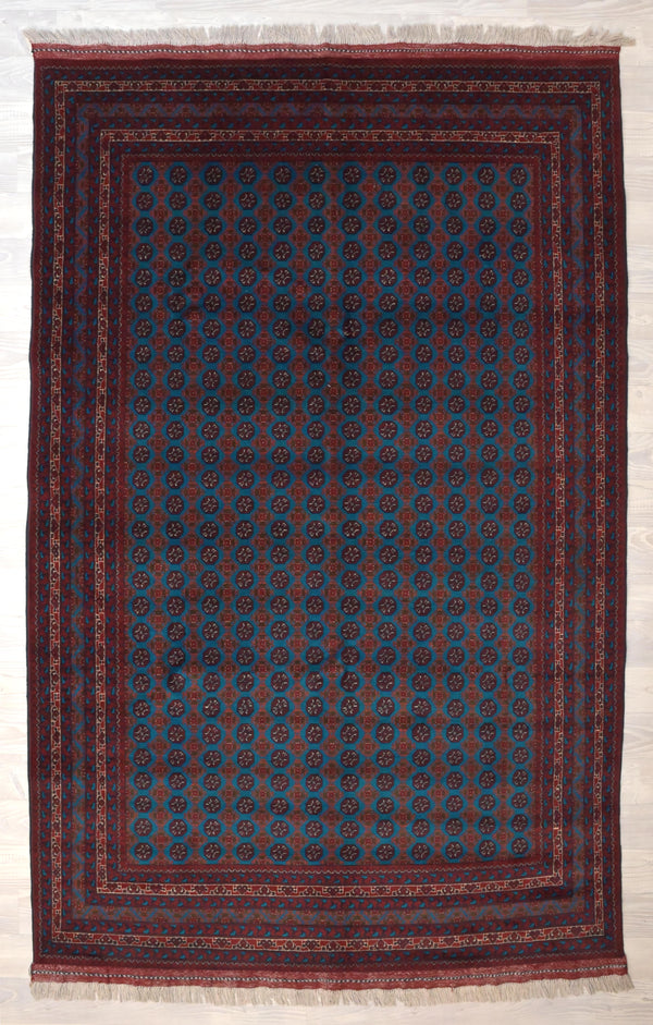 Authentic Handknotted Blue Afghan Khoja Roshnai Wool Rug 244cm x 155cm
Very rare deep blue tone derived from indigo plant, decorated with small Gul Motifs all over