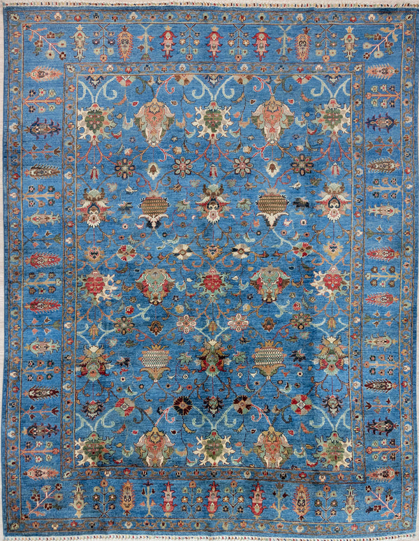 Authentic Hand knotted deep Sky Blue Afghan Sultani Chobi Wool Rug 298cm x 247cm A one of-a-kind botanical design that feels like laying in a field of flowers looking at a cloudless sky.
Lovely colour palette with an array of rustic multicolour tones on cerulean blue.
Ariana tassels woven on the top and bottom edges.
Having a light and darker aspect is a trademark of Handmade Rugs
Durable and Wear Resistant making it suitable for High-Traffic Areas