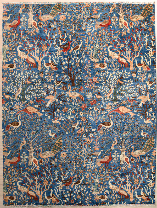 Blue Pictorial Afghan Chobi Wool Rug 364cm x 281cm Rurl theme with trees flowers plants and birds.