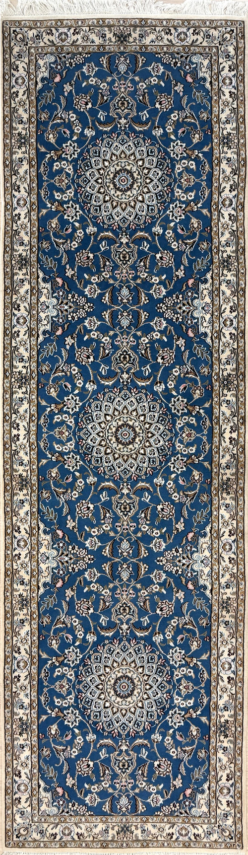 Blue Rare Persian Nain Silk & Wool Runner 306cm x 88cm